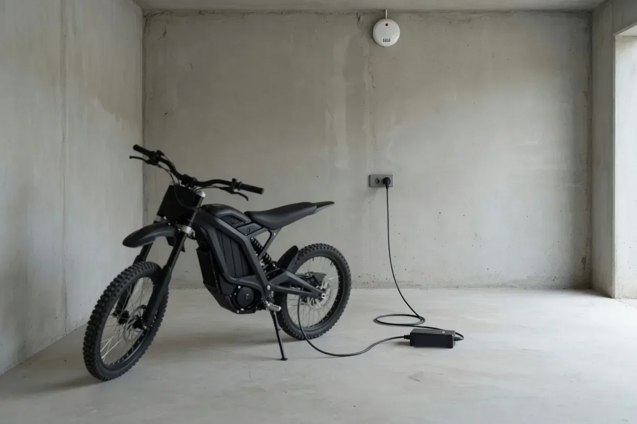 Generická tmavá lehká elektrokroska stojí na stojánku v prázdné betonové garáži, nabíjecí kabel vede do zásuvky na zdi, nabíječka leží volně na holé podlaze a na stropě je kouřový hlásič