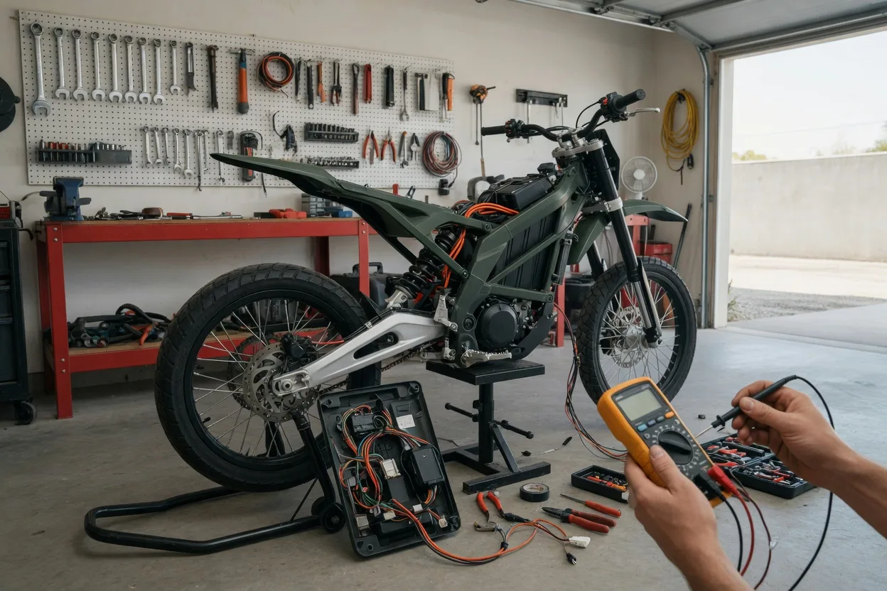 Lehká elektrokroska na montážním stojanu v garáži, mechanik měří kabeláž multimetrem