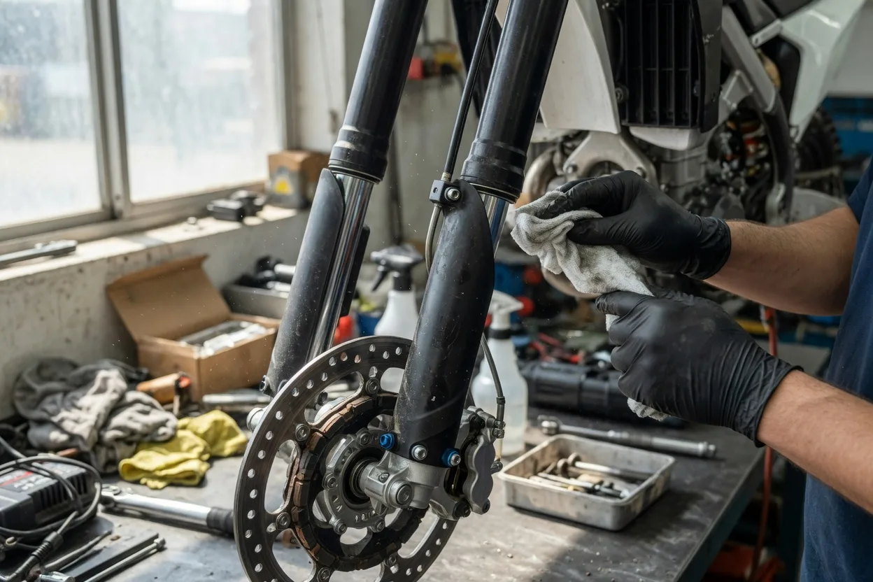 Mechanik v rukavicích čistí vidlici nad hydraulickým brzdovým třmenem elektrokrosky