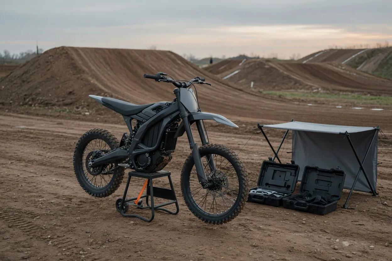 Generická tmavě šedá lehká elektrokroska na stojanu v depu motokrosové trati, vedle otevřené kufry s nářadím a šedý přístřešek, v pozadí hliněné skoky