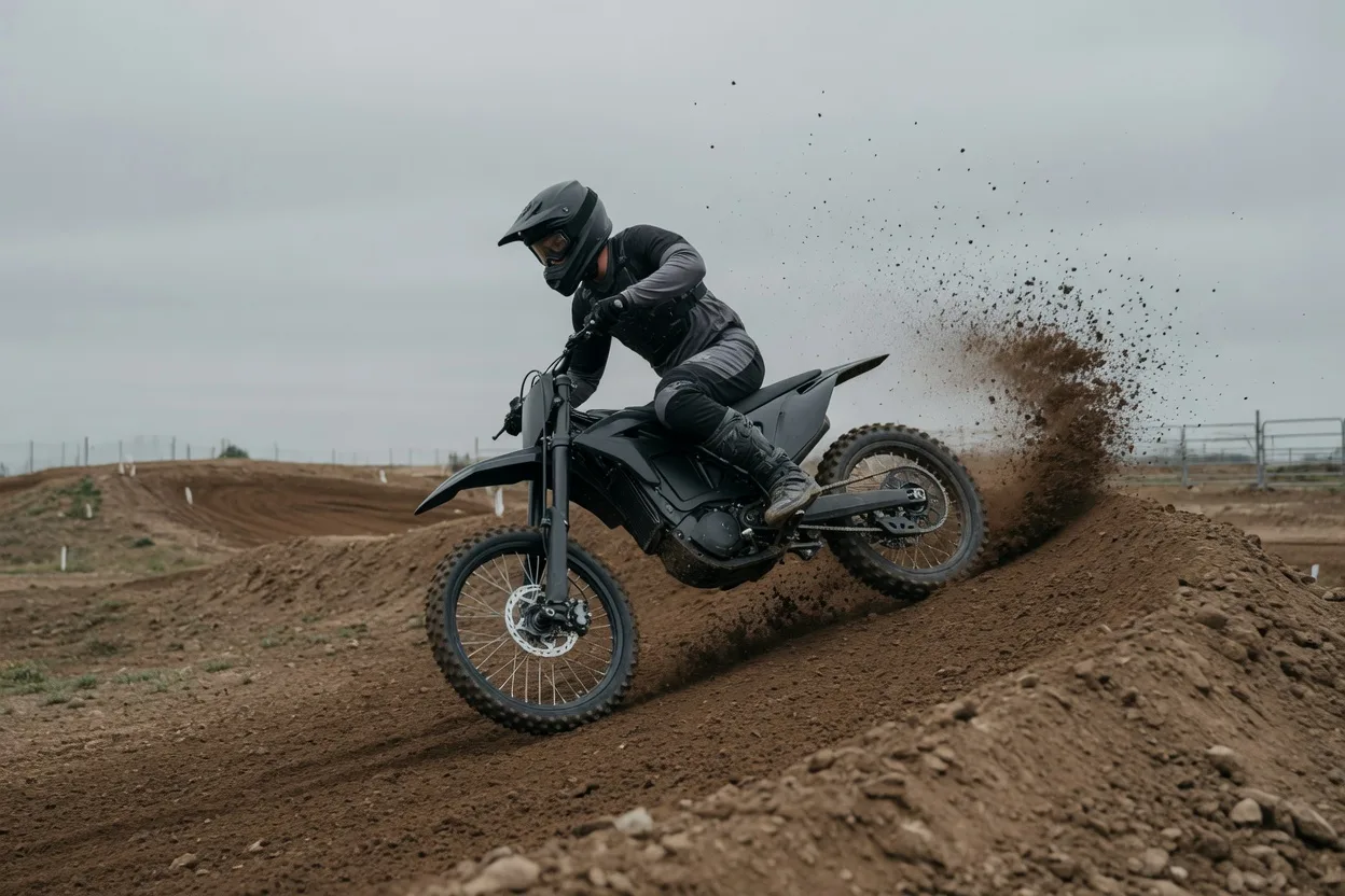 Jezdec v helmě a kompletní motokrosové výstroji projíždí klopenou zatáčku na hliněné motokrosové trati s generickou tmavou elektrokroskou