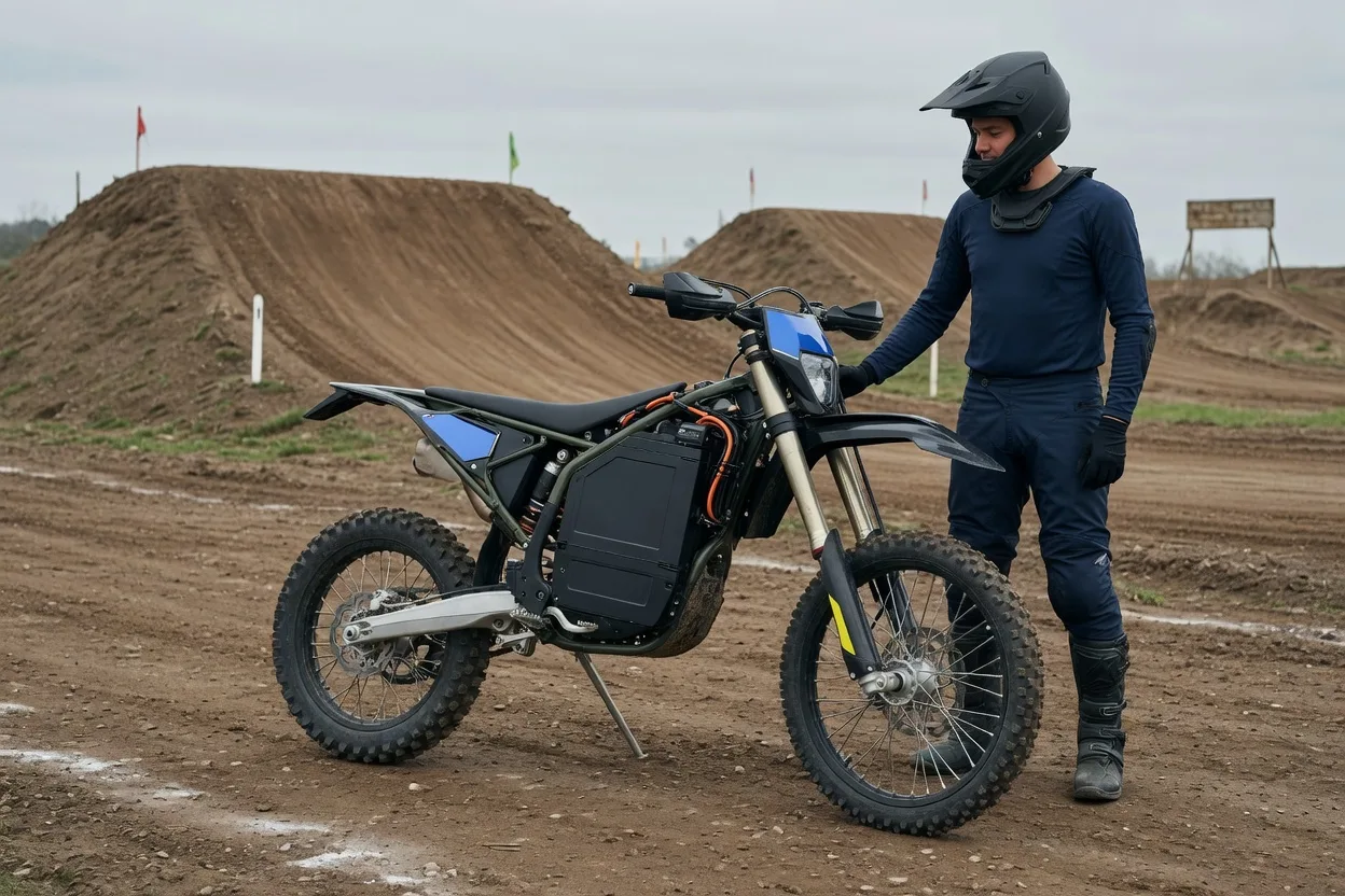 Elektrická enduro motorka s velkou bateriovou skříní stojí na stojánku v depu motokrosové trati, vedle ní jezdec v helmě a výstroji