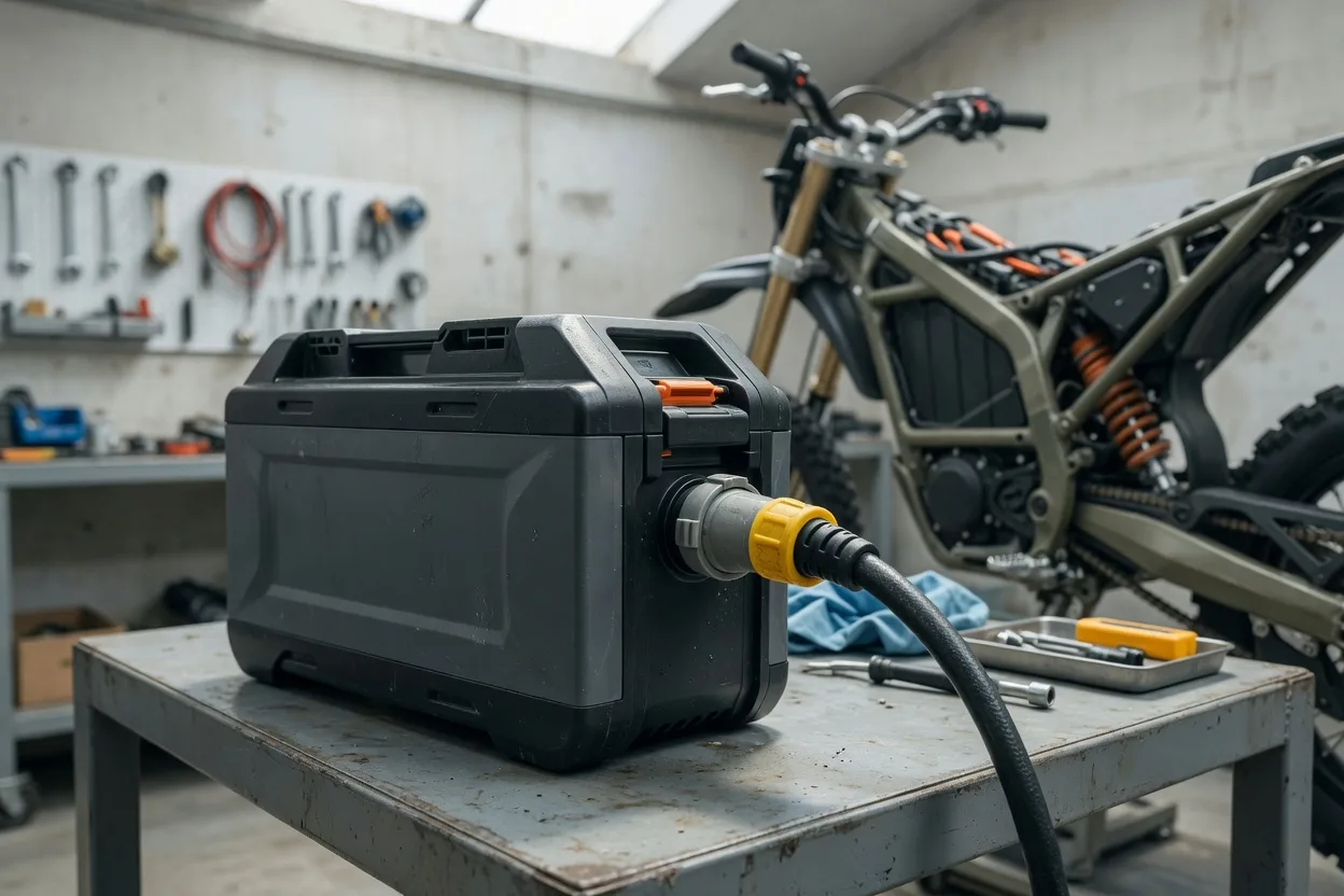 Velká vyjímatelná trakční baterie elektrické motorky leží na pracovním stole v dílně, v nabíjecím konektoru je zapojený silný kabel