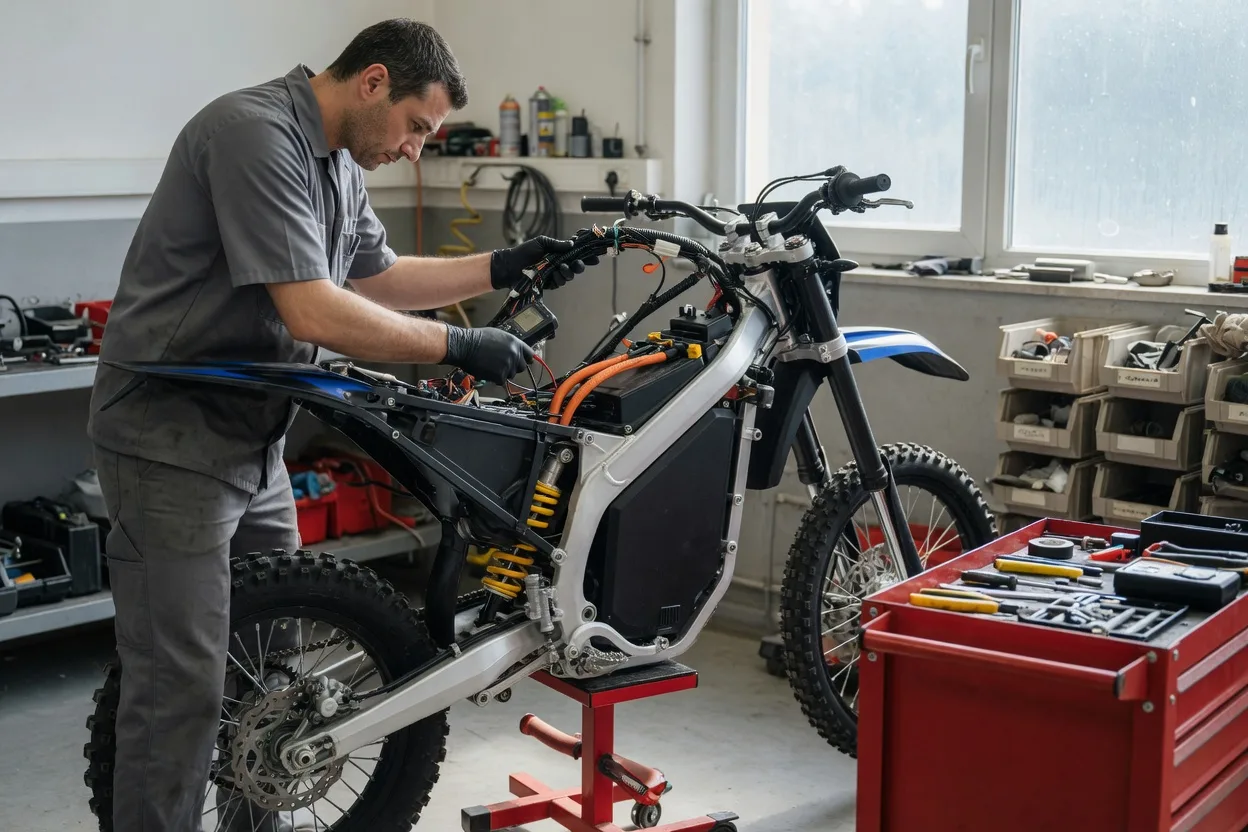 Mechanik v dílně kontroluje kabeláž u hlavy řízení elektrické enduro motorky zvednuté na montážním stojanu