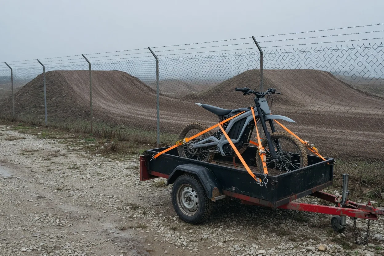 Matně šedá lehká elektrokroska upnutá oranžovými popruhy na malém přívěsu, zaparkovaném na štěrku u drátěného plotu uzavřeného motokrosového areálu s hliněnými skoky
