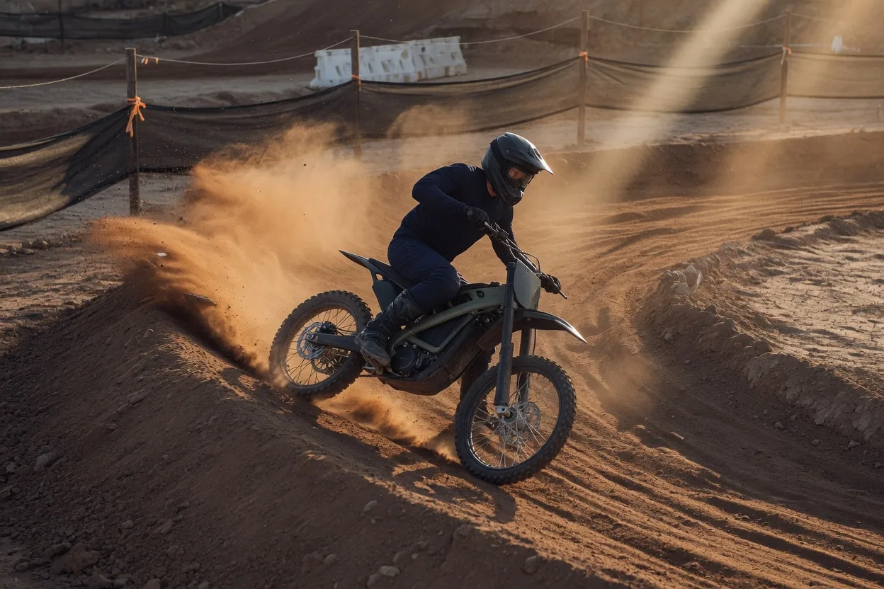 Jezdec v tmavé motokrosové výstroji, přilbě a brýlích projíždí klopenou zatáčku na lehké elektrokrosce v uzavřeném motokrosovém areálu, za ním se zvedá prach, v pozadí plot a ochranné sítě trati