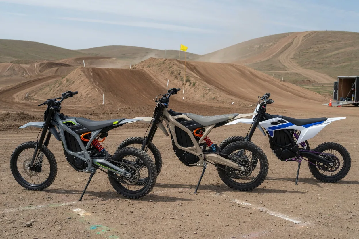 Tři různé generické lehké elektrokrosky stojí v řadě v depu motokrosového areálu, v pozadí trať se skoky