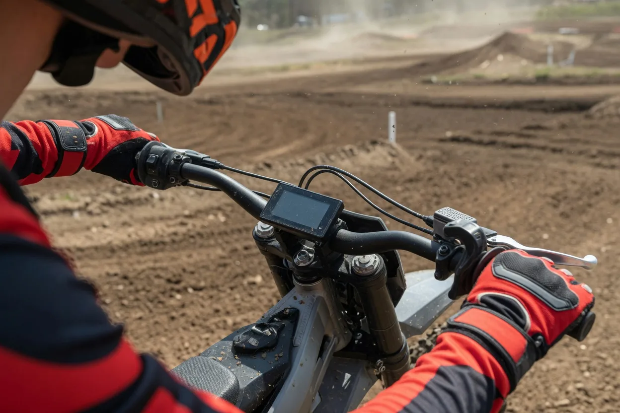 Ruka v motokrosové rukavici na řídítkách lehké elektrokrosky s malým prázdným displejem, v pozadí motokrosová trať