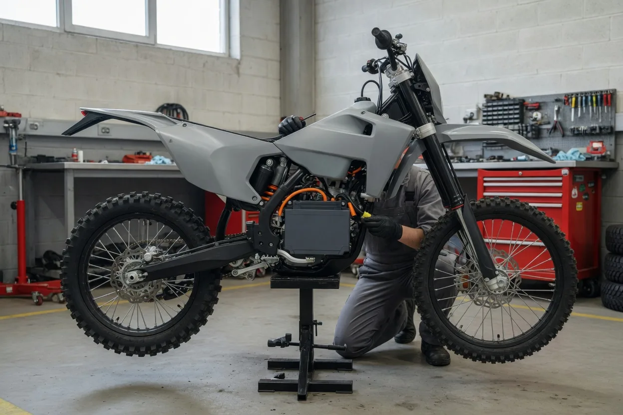 Generická elektrická enduro motorka se šedými plasty na montážním stojanu v servisní dílně, boční kryt je sundaný a mechanik v rukavicích kontroluje konektor u baterie uložené nízko v rámu