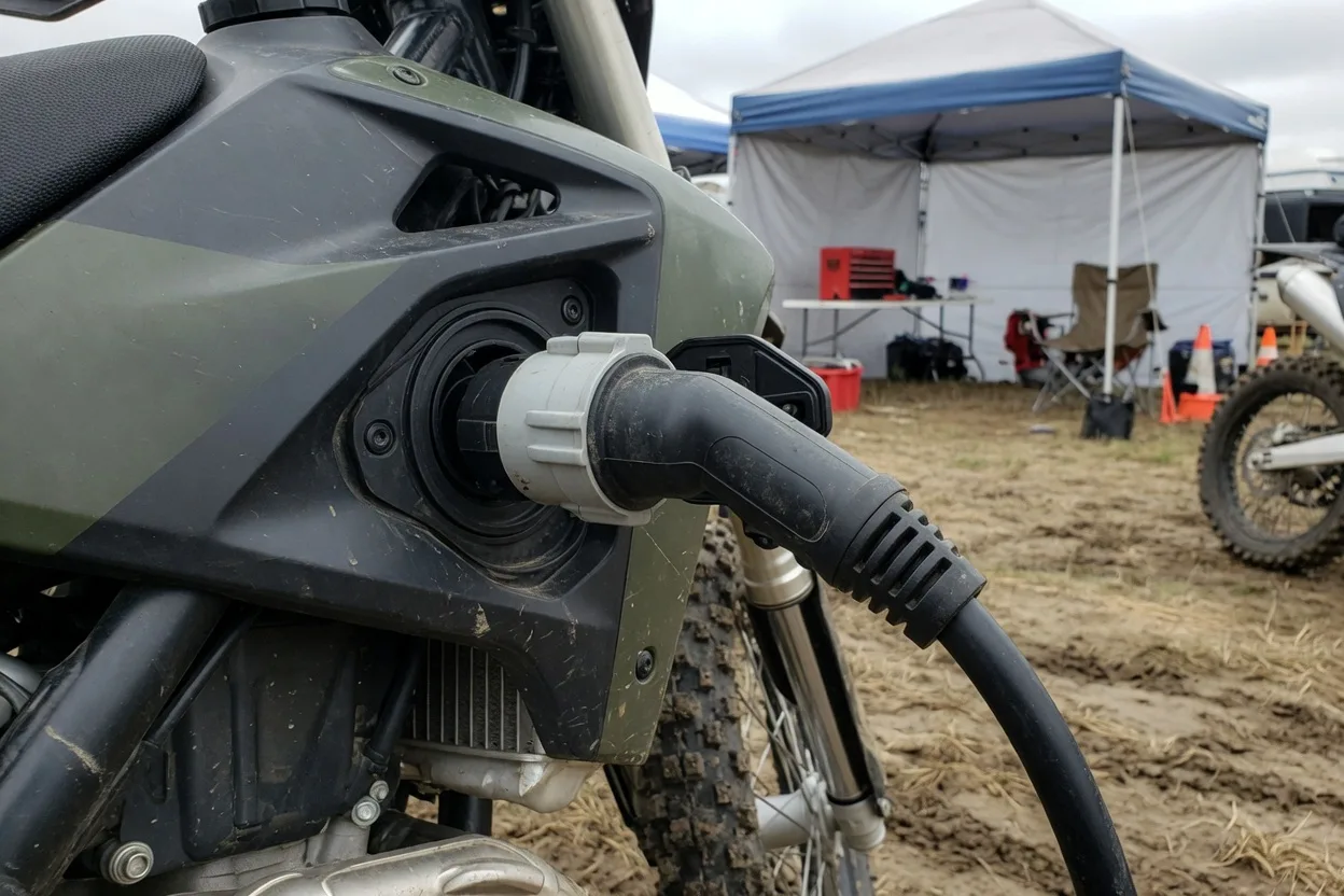 Detail nabíjecí zásuvky na boku generické elektrické terénní motorky se zapojeným silným černým kabelem, v pozadí depo motokrosové trati se stanem