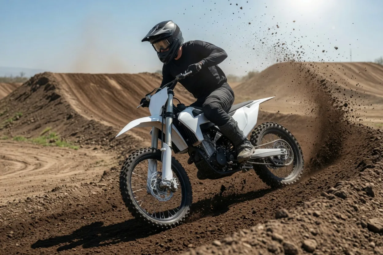 Jezdec v helmě, brýlích a jednobarevné černé motokrosové výstroji projíždí klopenou zatáčku na hliněné trati s generickou elektrickou krosovkou s bílými plasty