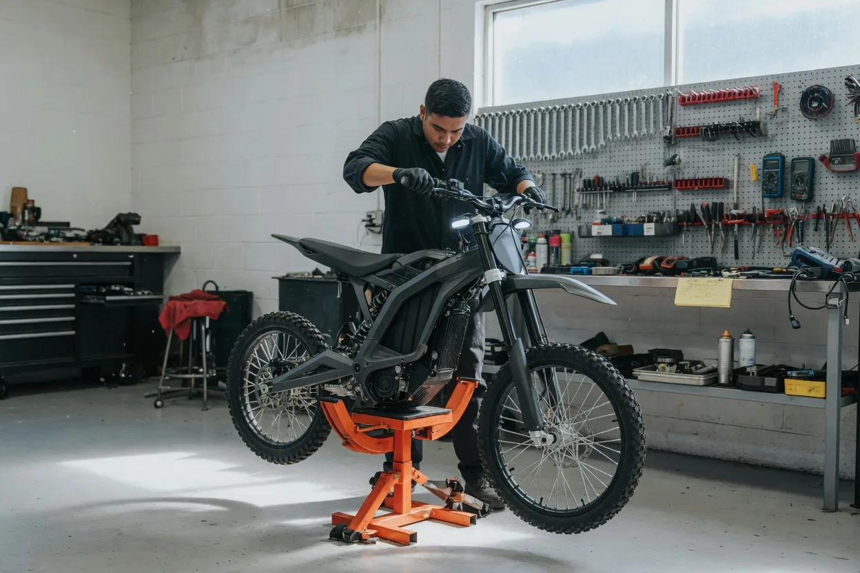 Lehká elektrická terénní motorka s tmavými plasty na montážním stojanu v dílně, obě kola nad zemí, mechanik v pracovních rukavicích drží řídítka a kontroluje vůli v hlavě řízení