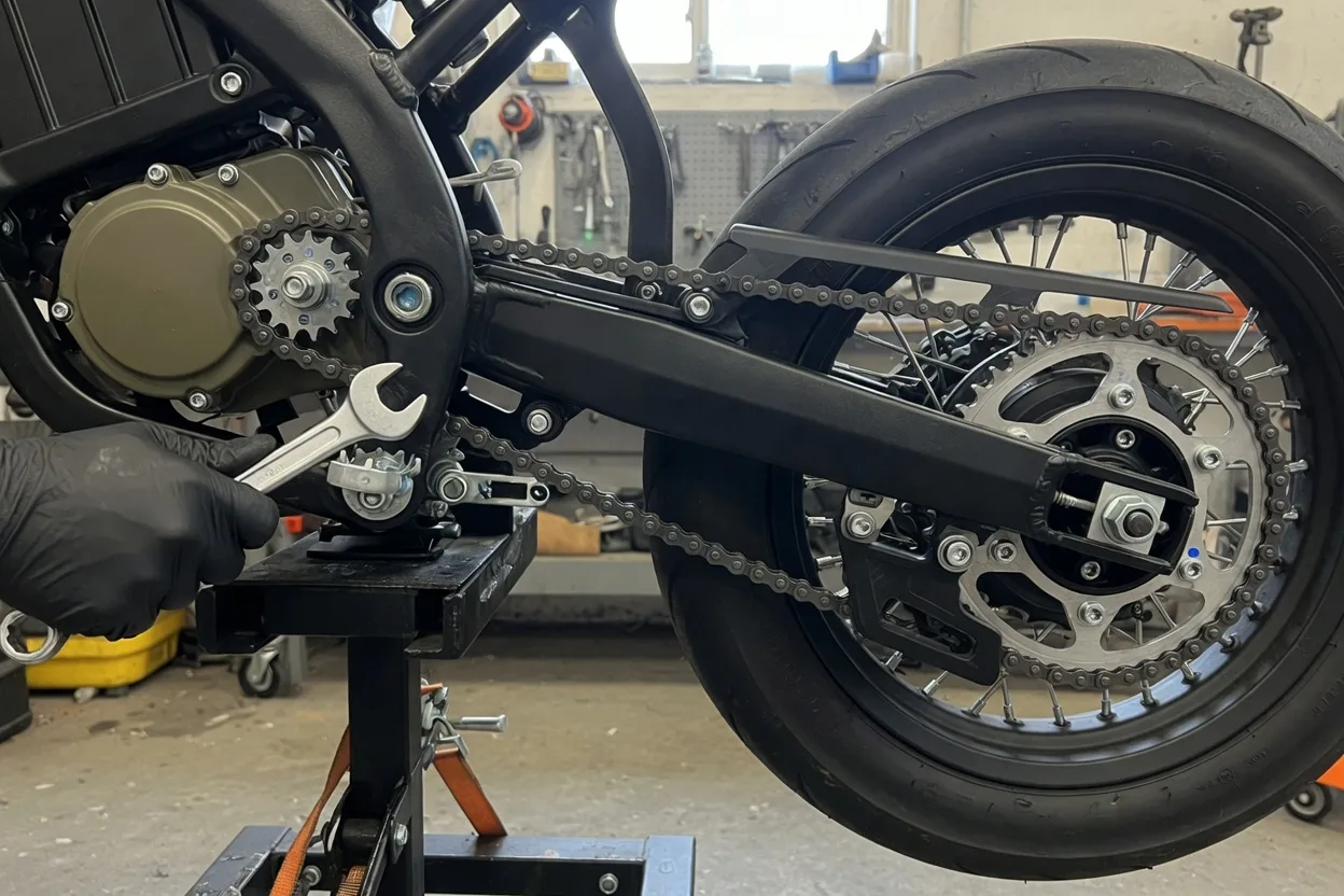 Detail zadní kyvky terénní motorky na montážním stojanu: malá rozeta u motoru, řetěz podél kyvky a velká rozeta na zadním kole, mechanik v rukavicích drží klíč u čepu kyvky