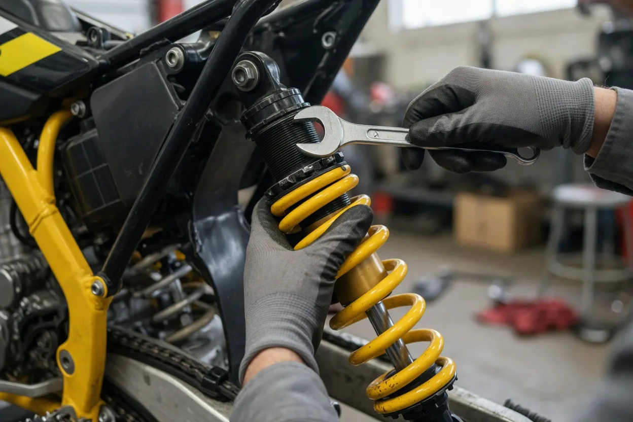 Detail rukou mechanika v pracovních rukavicích, který klíčem otáčí stavěcí maticí na žluté pružině zadního tlumiče terénní motorky