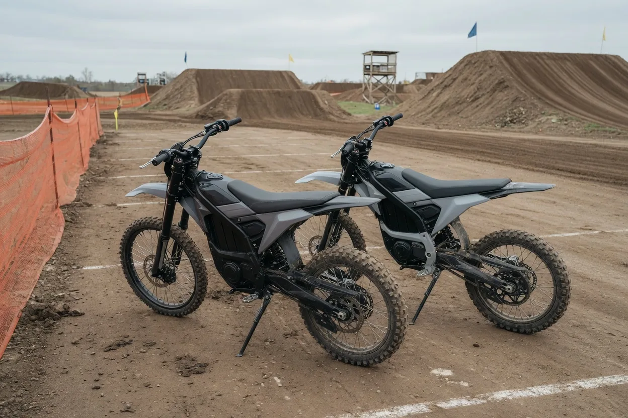 Dvě generické tmavě šedé lehké elektrokrosky stojí na stojáncích v depu motokrosového areálu, v pozadí hliněné skoky a věž