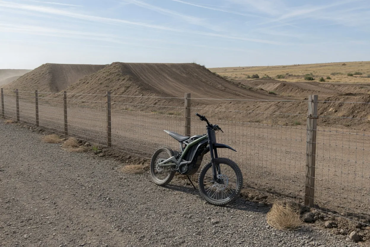 Lehká elektrokroska zaparkovaná u drátěného plotu uzavřeného motokrosového areálu